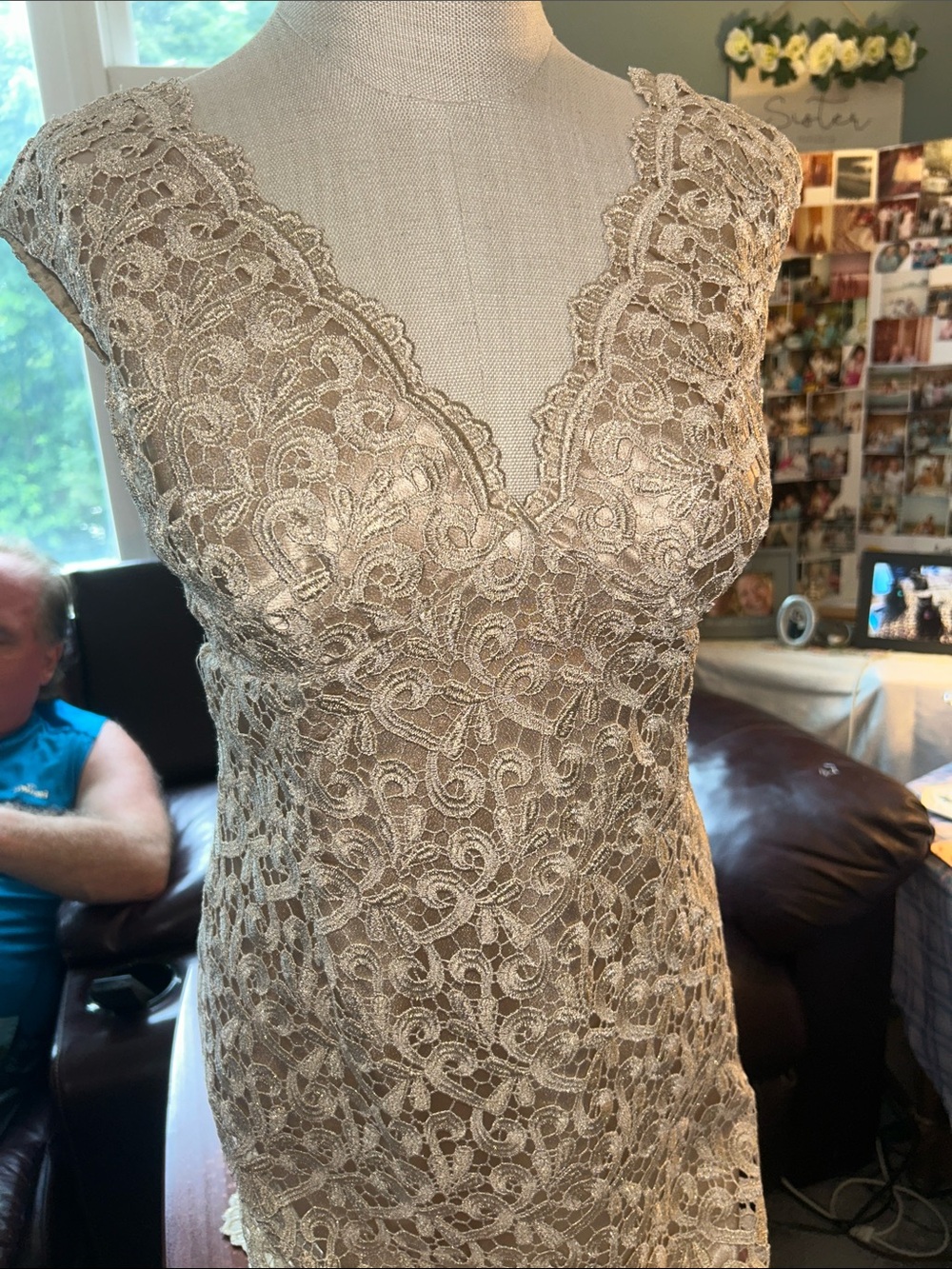 Marina- Size 8- Lace V-Neck Sheath Dress in Champagne